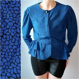 Vintage 80s Peplum Blouse Medium Ruffle Waist Puff Sleeve
